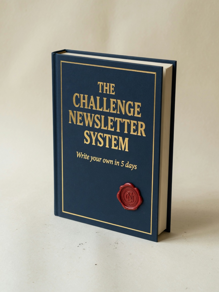 Hardcover-style product mockup of The Challenge Newsletter System